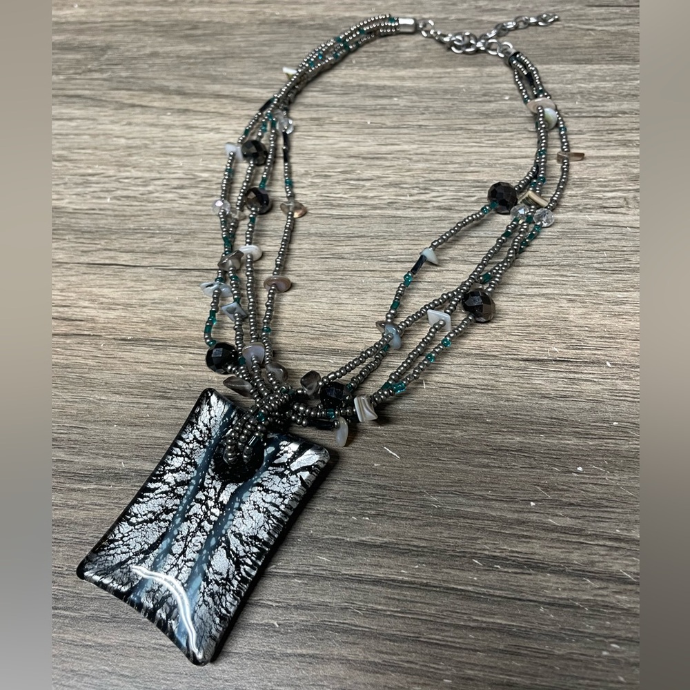 Gray and blue beaded statement necklace